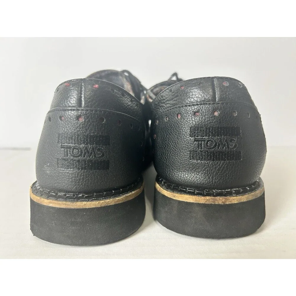 TOMS Men's Brogue Oxford Black Pebbled Leather Plaid Lining Wingtip Size 11.5